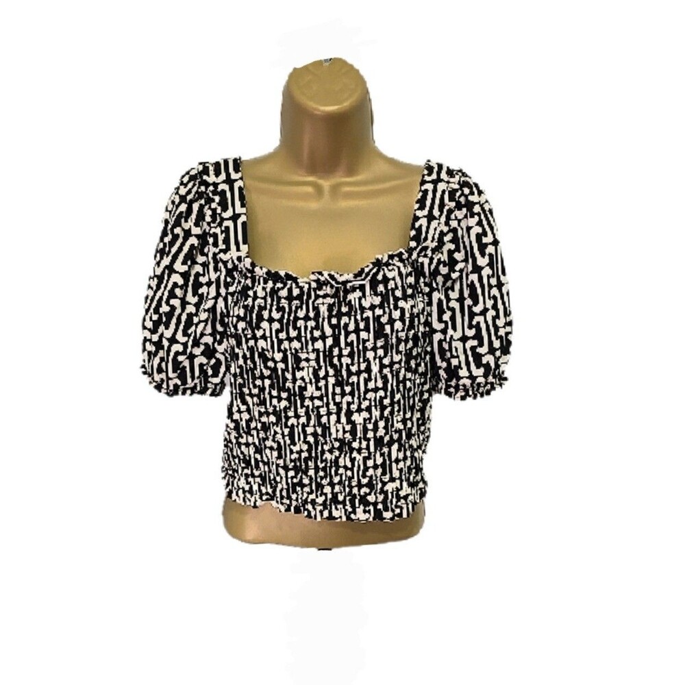 Milkmaid Smocked Linen Blend Crop Top XL Black Cream Puff Sleeve Ren Faire